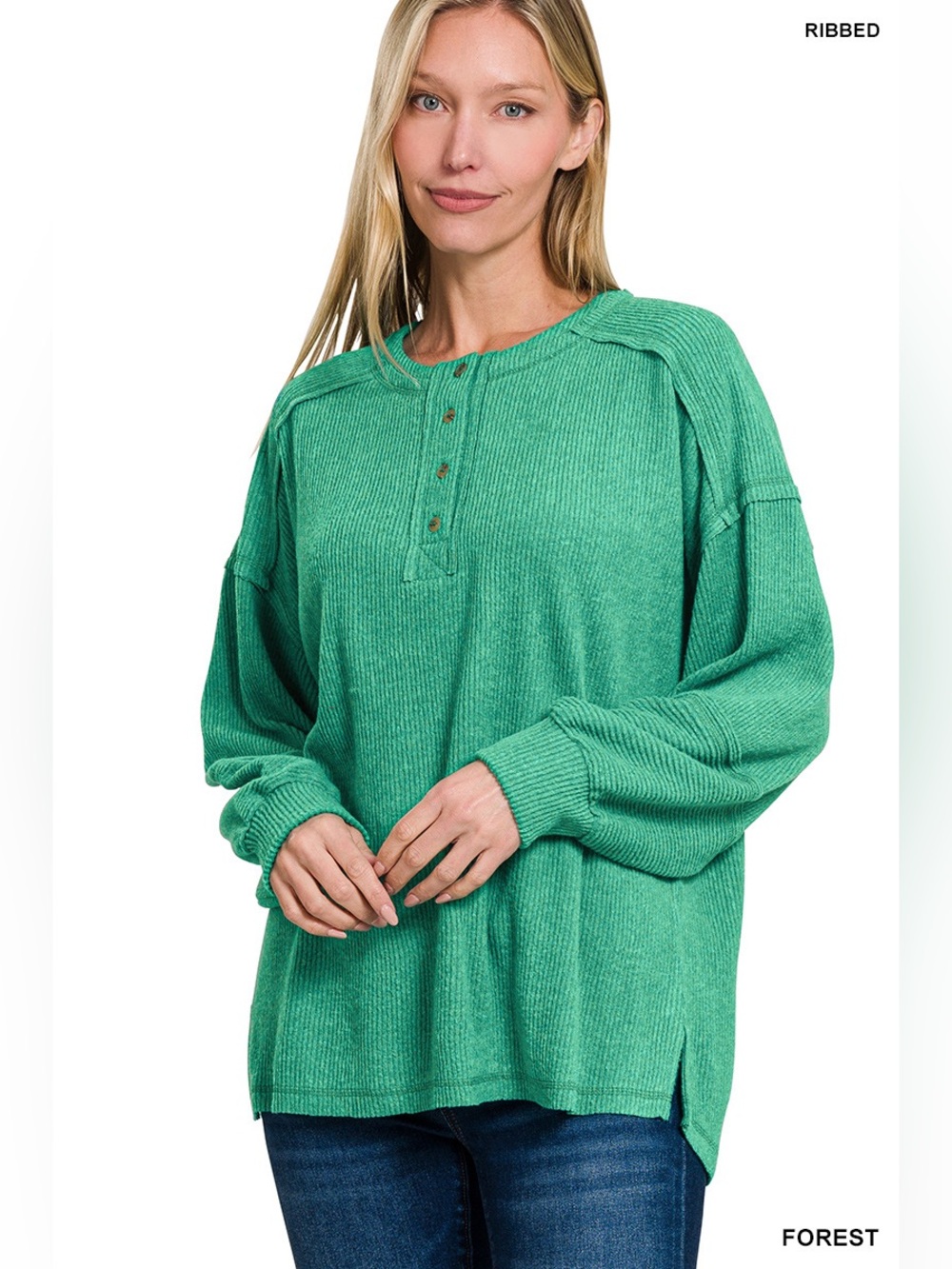 HT-2466A Zenana Forest Button Front Ribbed Melange Long Sleeve Top
